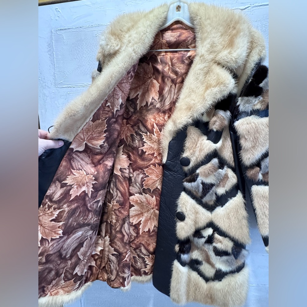 Vintage Mink Fur Patchwork Coat Leather Chevron Luxe Statement Jacket M - Picture 4 of 11